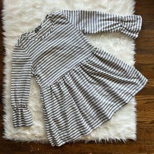 Pol Womens Blouse Black White Striped Bell 3/4 Sleeve Crew Neck Ruffles S